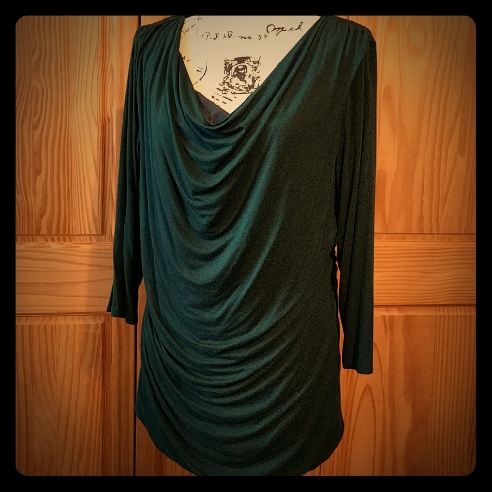 Hunter green cowl neck top.